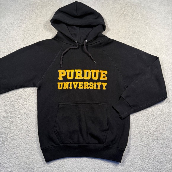 Vintage 80s Artex Purdue University Hoodie NCAA Black Sweatshirt S Made in USA - Picture 1 of 7
